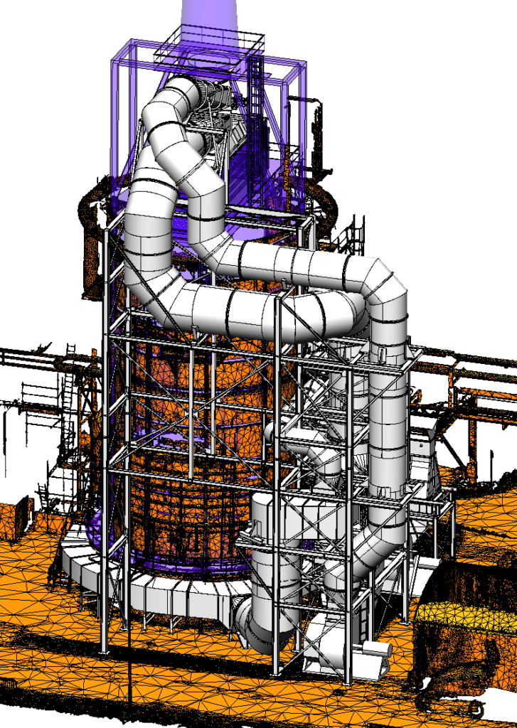 Figure 7 - Model from laser scan (shown as mesh) integrated with new equipment (shown in grey)